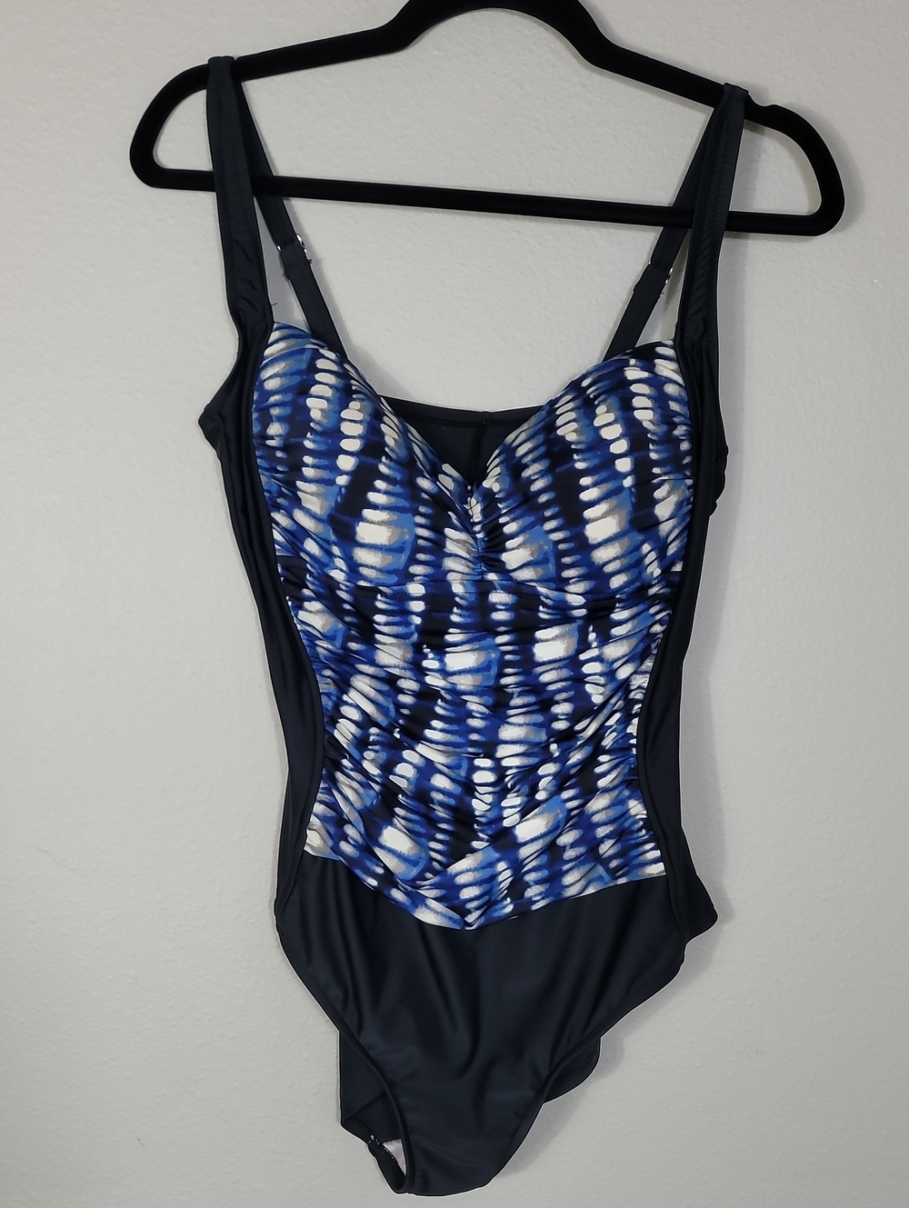 Maxine of Hollywood One Piece Swimsuit Size 12 Blue Black Ruched Slimming Beach